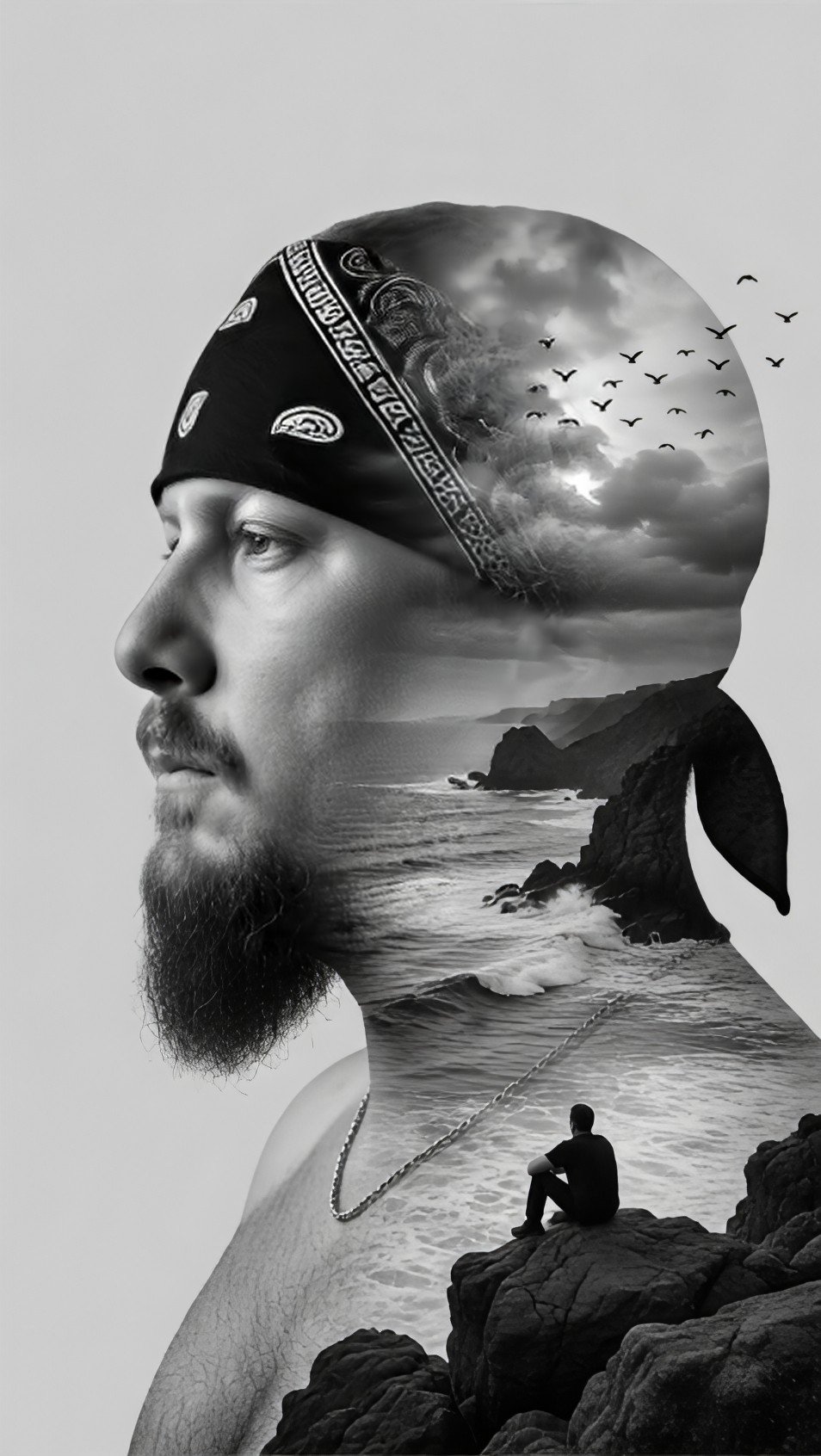 Coastal double-exposure portrait of a man blending photo and landscape