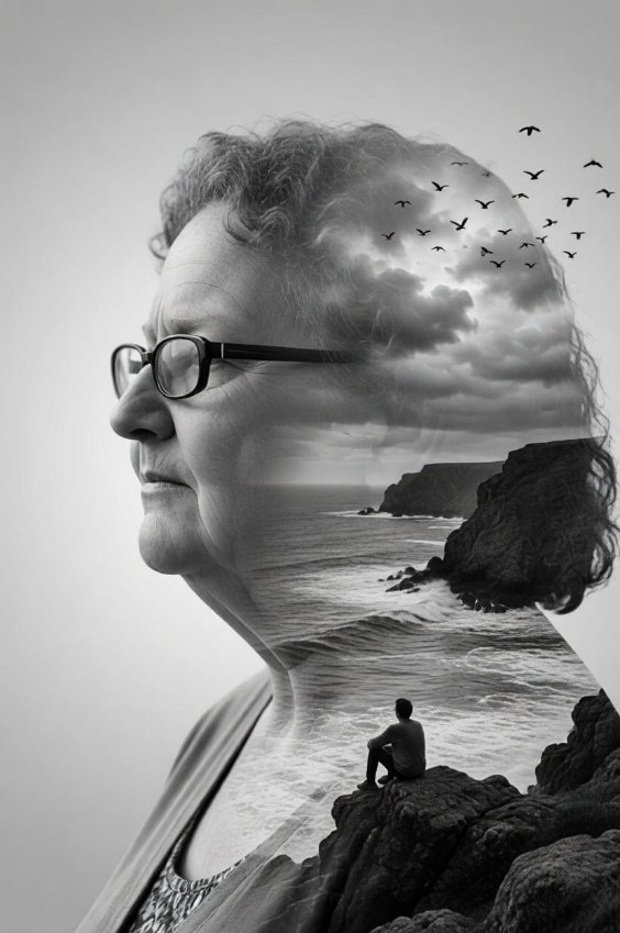 Coastal double-exposure portrait of a woman blending photo and landscape