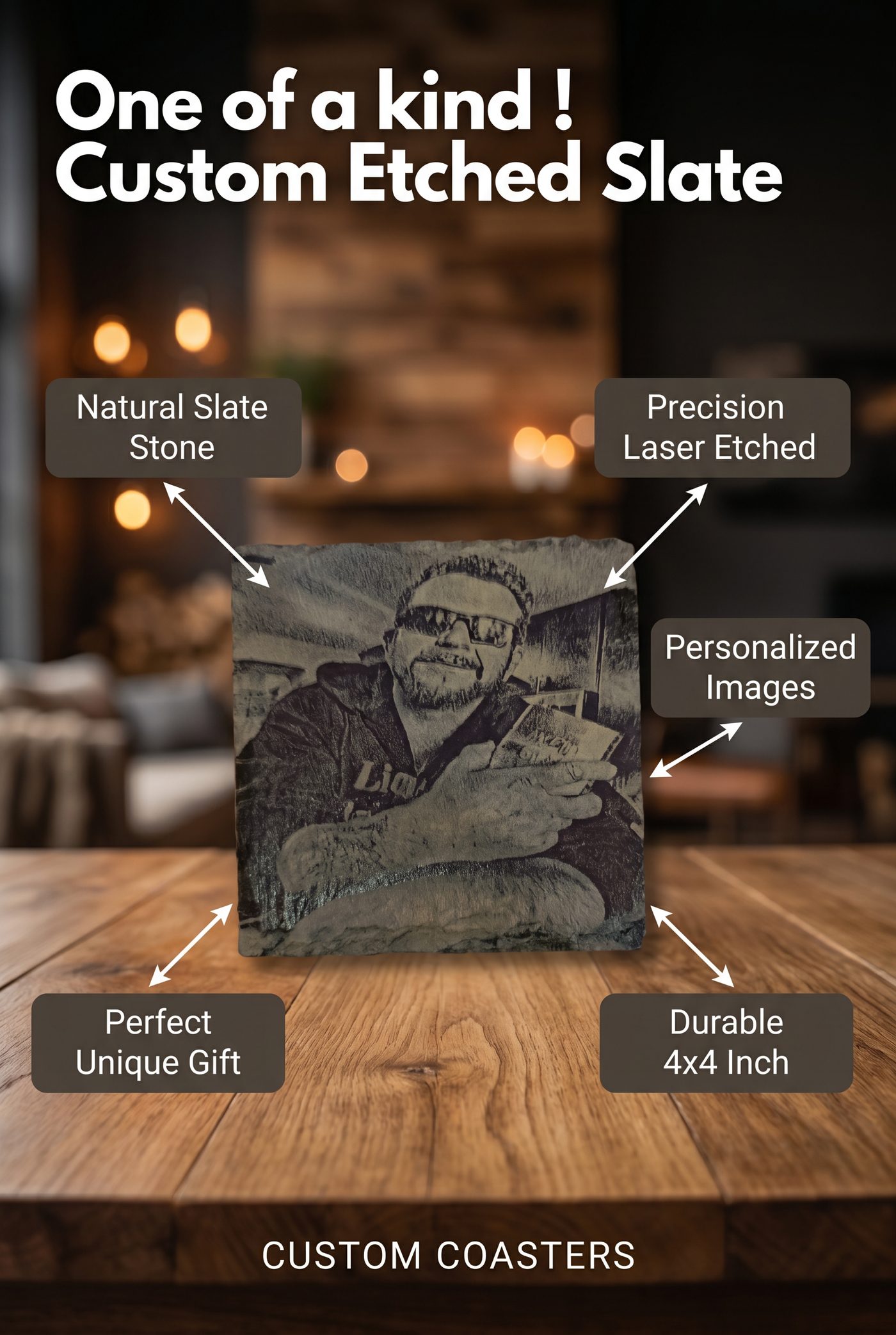 Promotional custom etched slate portrait example of a bearded man