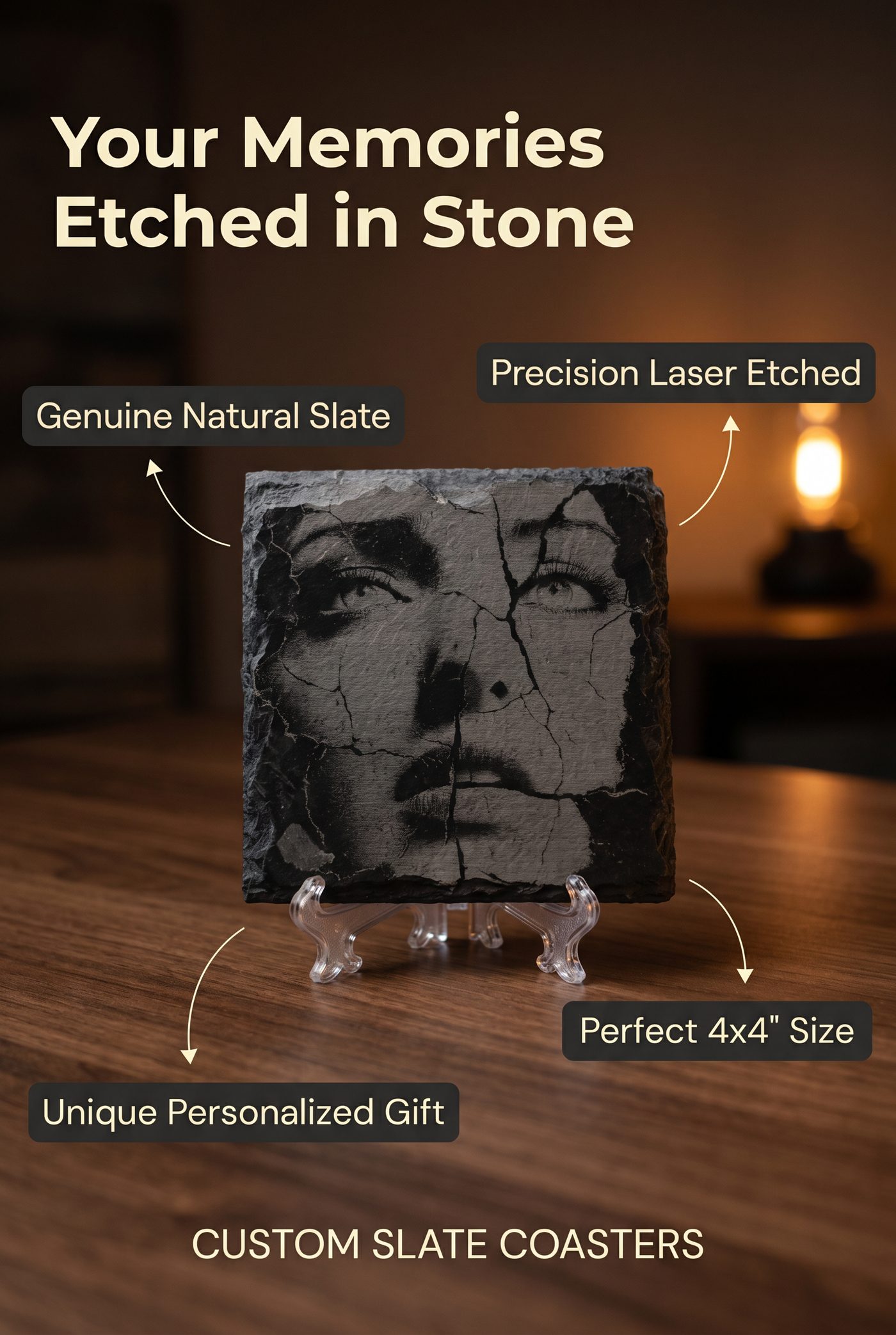 Promotional slate coaster example with a portrait and memories etched in stone styling